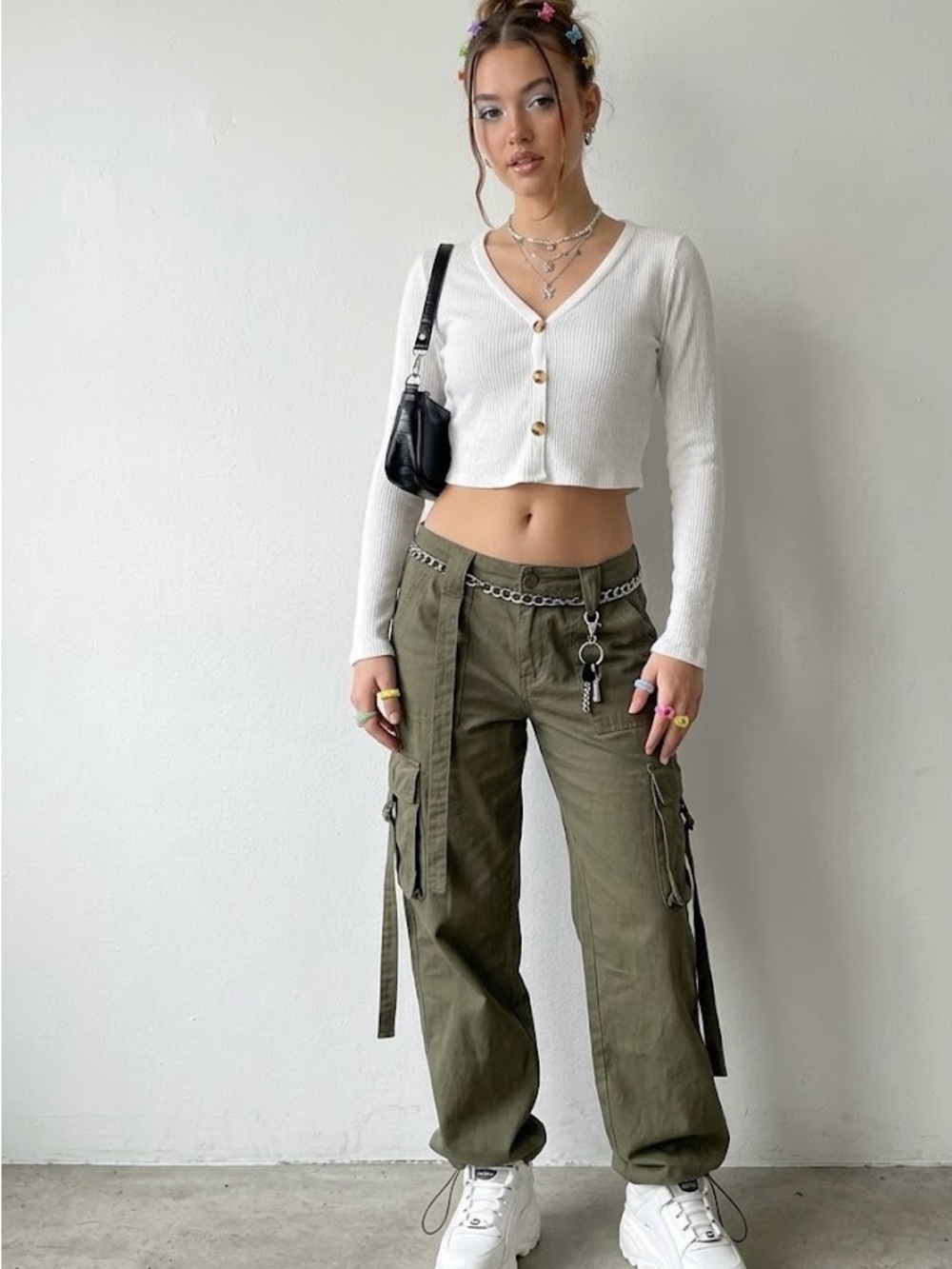 "Ambiance Y2K White Ribbed Cropped Cardigan - Size M